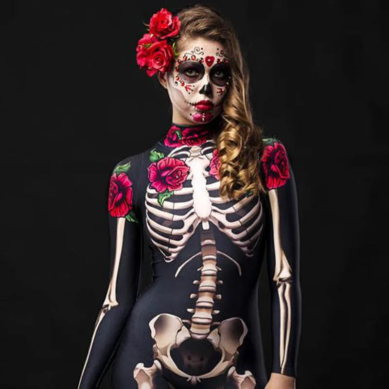 Halloween Cosplay Long Sleeve Jumpsuit Carnival Party Tight Rompers Day of The Dead Rose Skeleton Adult Women Scary Costume