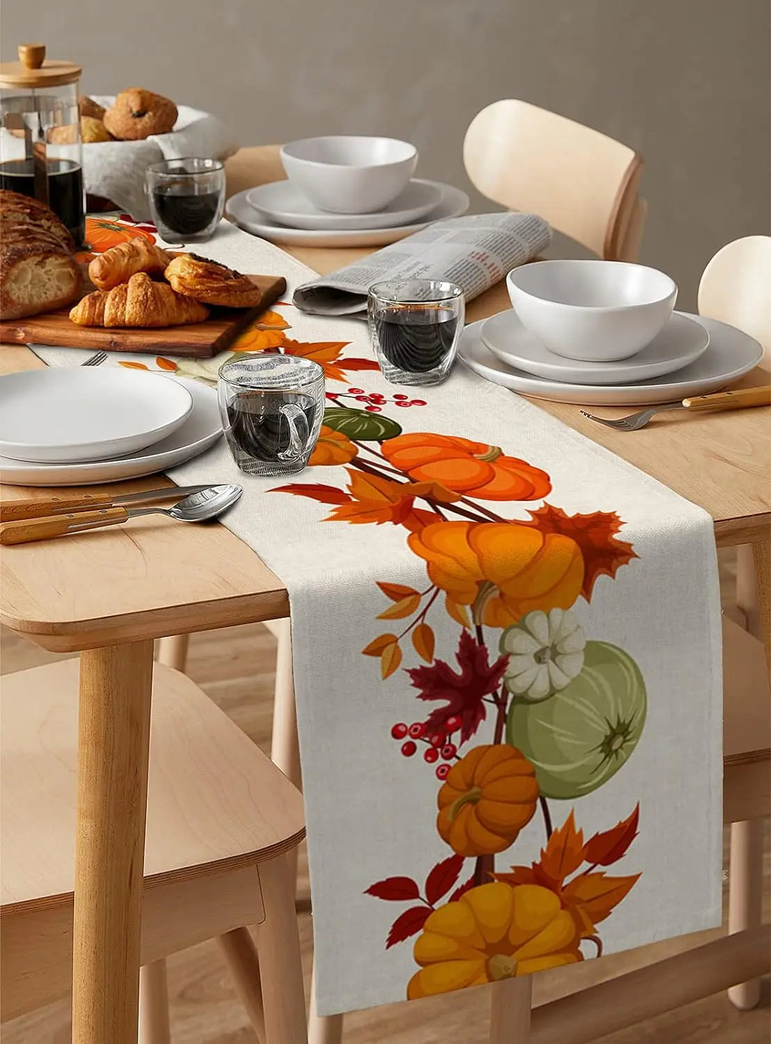 Autumn Maple Leaves Harvest Pumpkin Linen Table Runner Washable Fall Thanksgiving Table Runner Kitchen Coffee Dining Table Decor