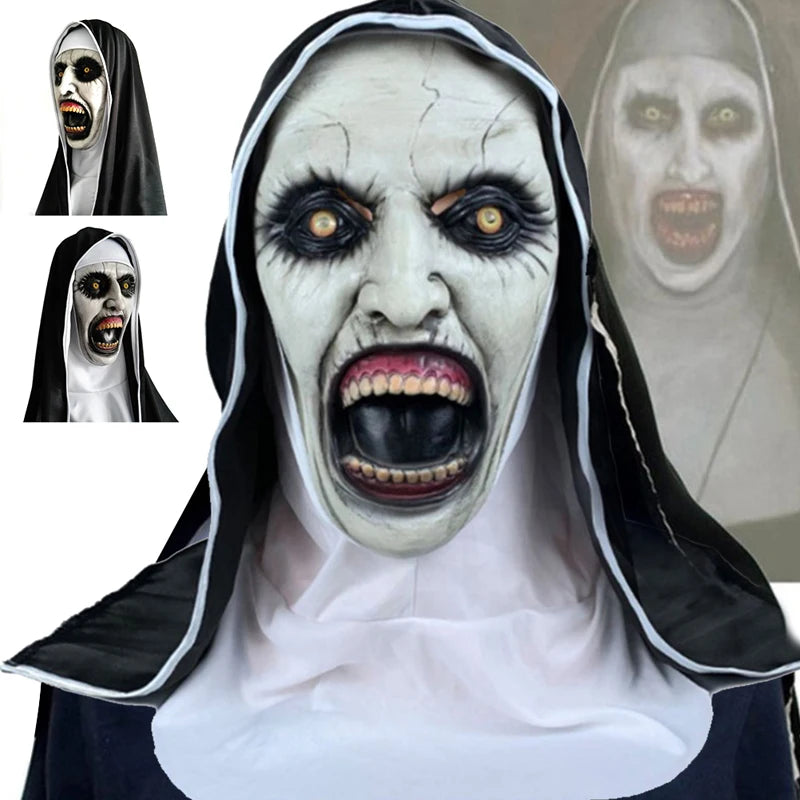 Scary Nun Mask Costume Horror Full Head Mask with Scarf Adult Creepy Costumes Party Props Plastic Ghost Latex Nun Dress Up Mask