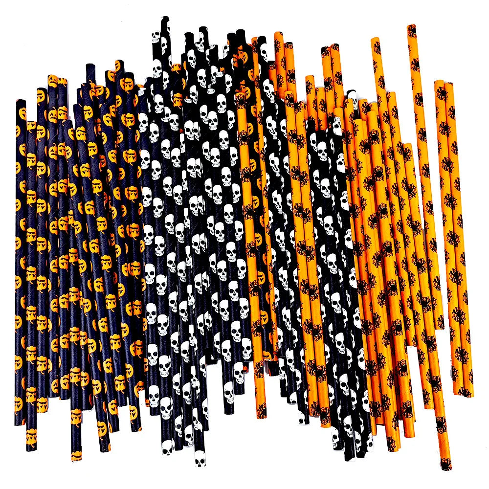 25/50pcs Halloween Paper Straws Black Orange Pumpkin Spider Skull Pattern Halloween Party Decorations Disposable Drinking Straws