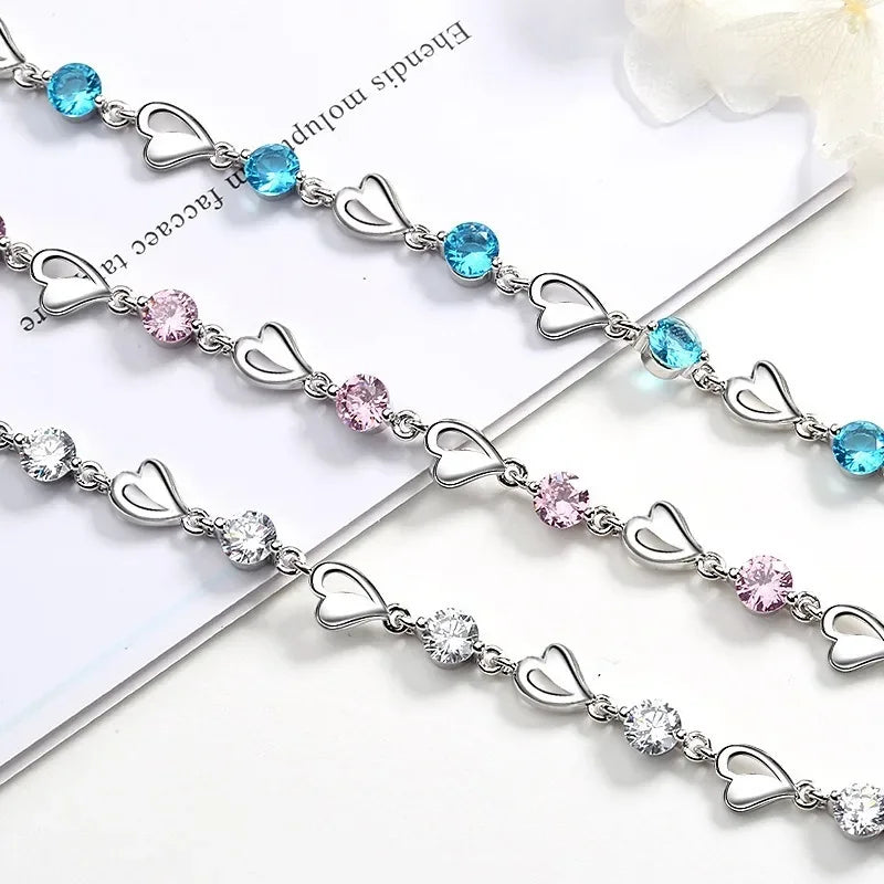 925 Sterling Silver Bracelet For Women Retro Korean Heart Shaped Charm Bracelets Original Bling Blue Crystal Jewelry Party Gifts