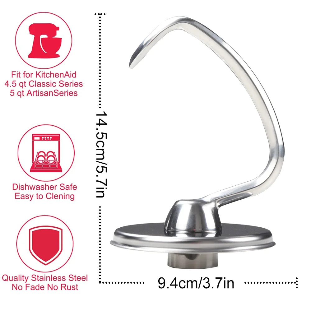 Stainless Steel Dough Hook for Kitchenaid Stand Mixer 4.5QT and 5QT Mixer Dough Attachments for Kitchenaid