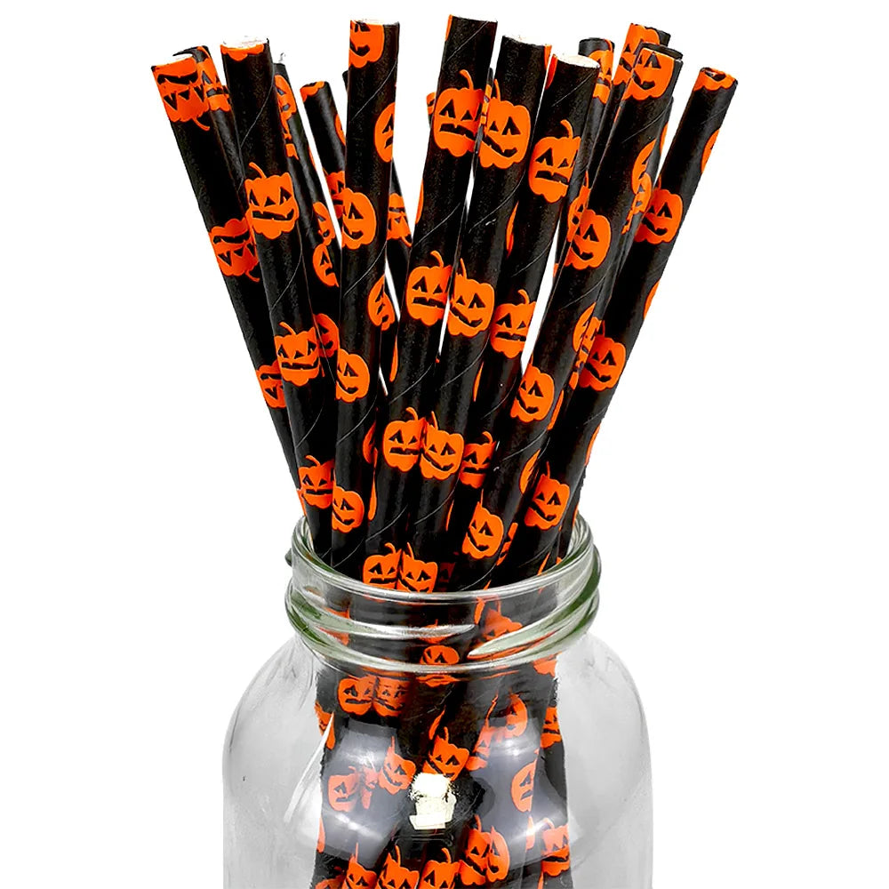 25/50pcs Halloween Paper Straws Black Orange Pumpkin Spider Skull Pattern Halloween Party Decorations Disposable Drinking Straws