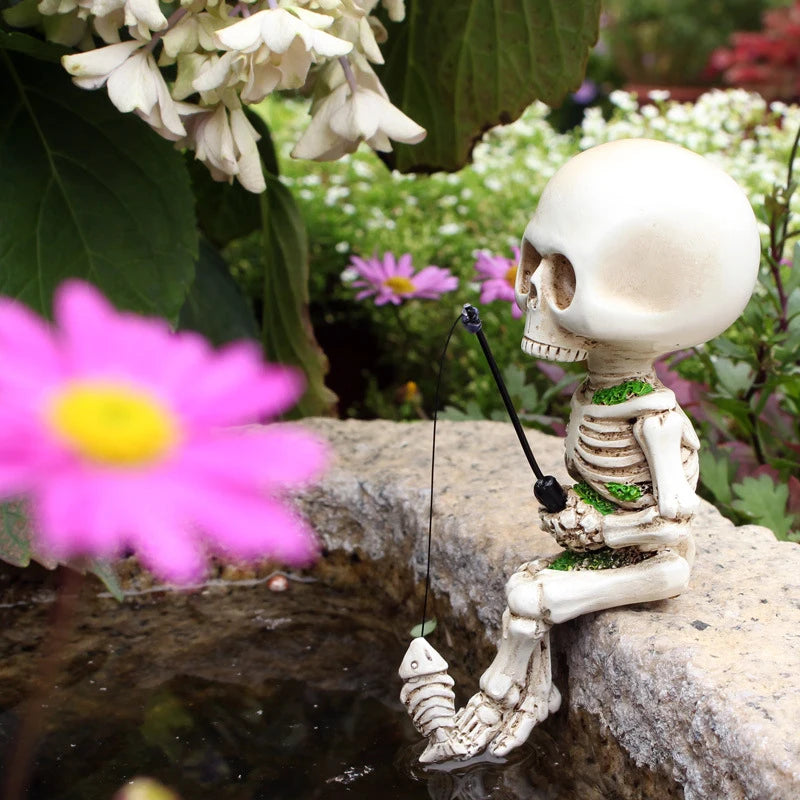 Halloween Skeleton Fishing Figurine Resin Statue Indoor Outdoor Garden Yard Party Decor Sculpture Ornament Crafts Fishing Skull