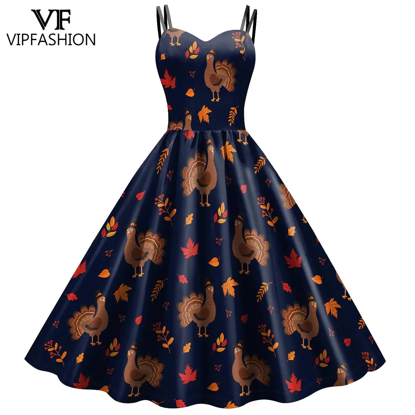 VIP FASHION Thanksgiving Day Women Dress Sleeveless Slip Dresses Turkey Print Party Outfit Holiday Cosplay Costume Sexy Clothes