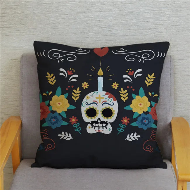 Mexican Day of The Dead Pillowcase Bedroom Living Room Sofa Home Decoration  Cartoon Flower Skull Print Cushion Cover