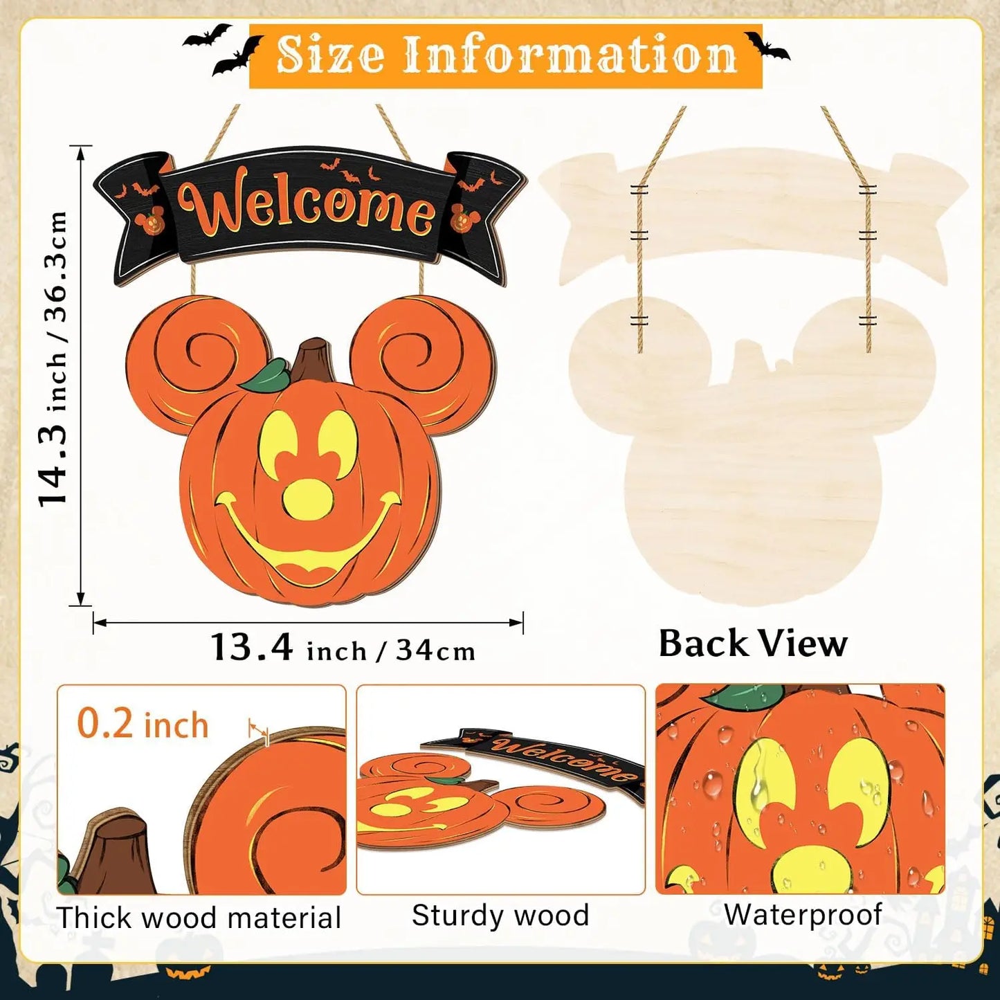 Halloween Mouse Pumpkin Decorations, Halloween Mouse Welcome Hanging Sign for Front Door, Happy Halloween Wooden Pumpkin Signs,