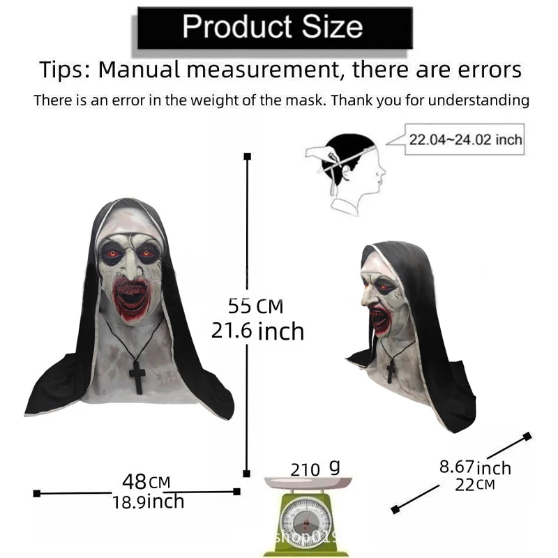 Scary Nun Mask Costume Horror Full Head Mask with Scarf Adult Creepy Costumes Party Props Plastic Ghost Latex Nun Dress Up Mask