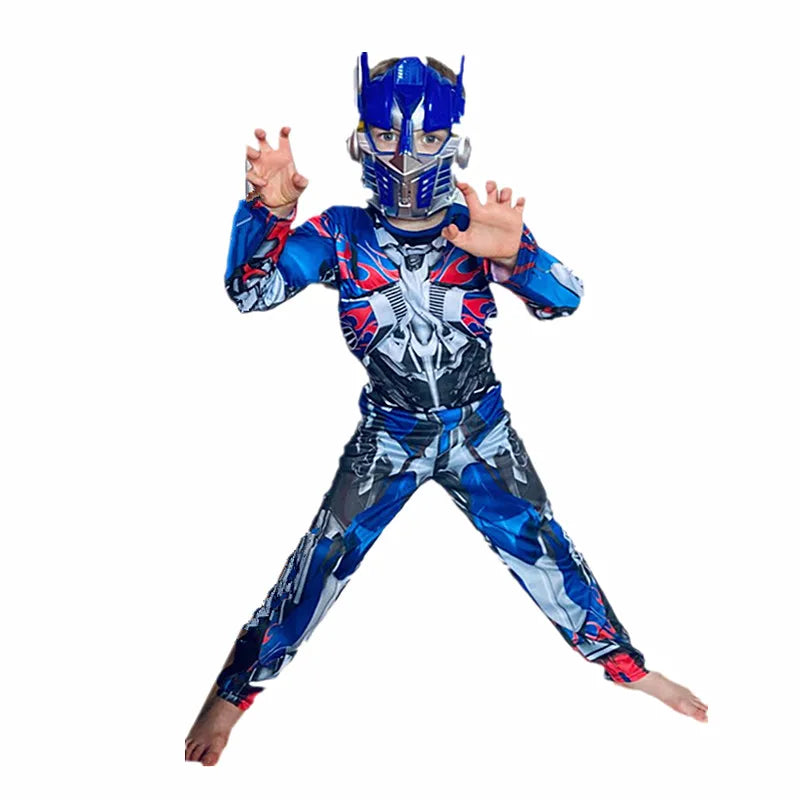 Kids Optimus Prime Costume Superhero Transformers Jumpsuit Suit Halloween Role Play Muscle Costume Boys Anime Mask Gift