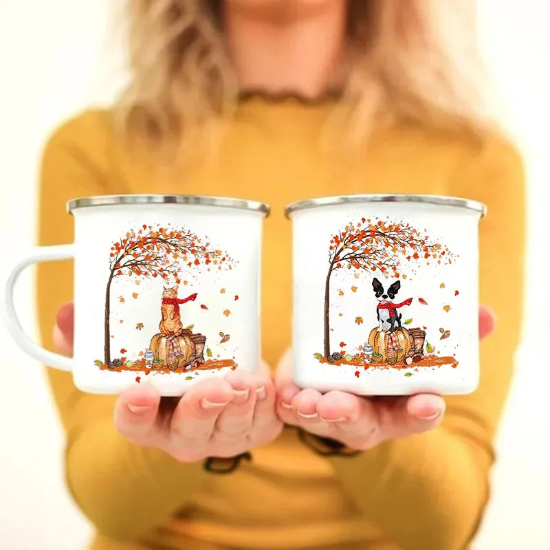 Pumpkin Leaves Dog Cat Printed Enamel Mugs Coffee Cups Fall Thanksgiving Party Wine Juice Mug Handle Cup Autumn Holiday Gifts