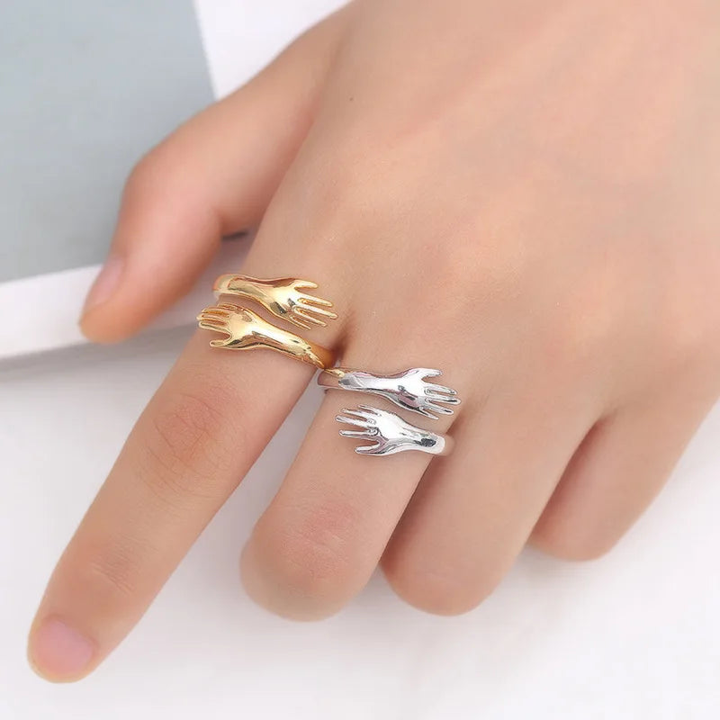 Resizable  Sterling Silver Gold Ring Trendy Fine Jewelry Open Loop Adjustable Antique Rings Hands Hug Shaped for Women Gift