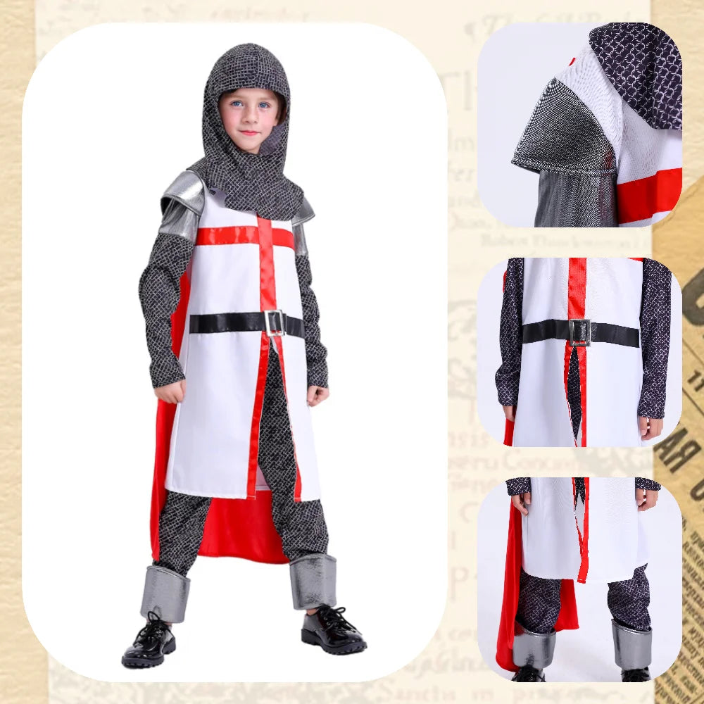 Deluxe Medieval Crusader Templar Knight Cosplay Costume For Kids Outfit Suits Boys Halloween Carnival Party