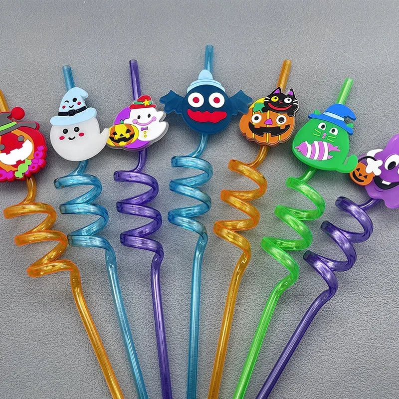 1/8pcs Halloween Plastic Drinking Straws Reusable Pumpkin Bat Spider Web Skeleton Witch Straws Party Decoration Birthday Party