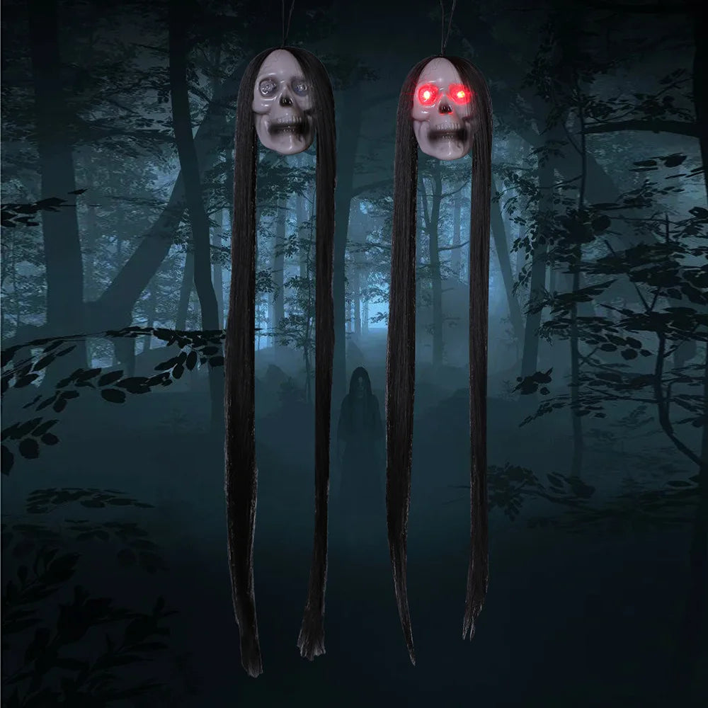 2PCS Halloween Horror Skull Hanging Decoration Long Hair Light Up Eyes Skull Head Props Ornament for Party Outdoor Decorations