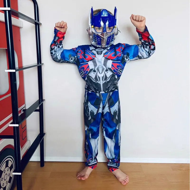 Kids Optimus Prime Costume Superhero Transformers Jumpsuit Suit Halloween Role Play Muscle Costume Boys Anime Mask Gift