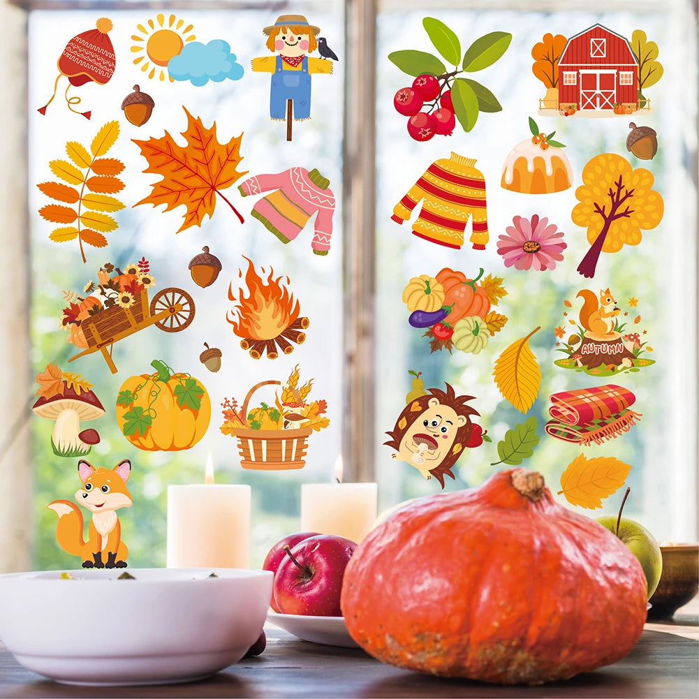 Thanksgiving Window Stickers Autumn Leaves Squirrel Pumpkin Cartoon Window Door Stickers Background Decoration Sticker