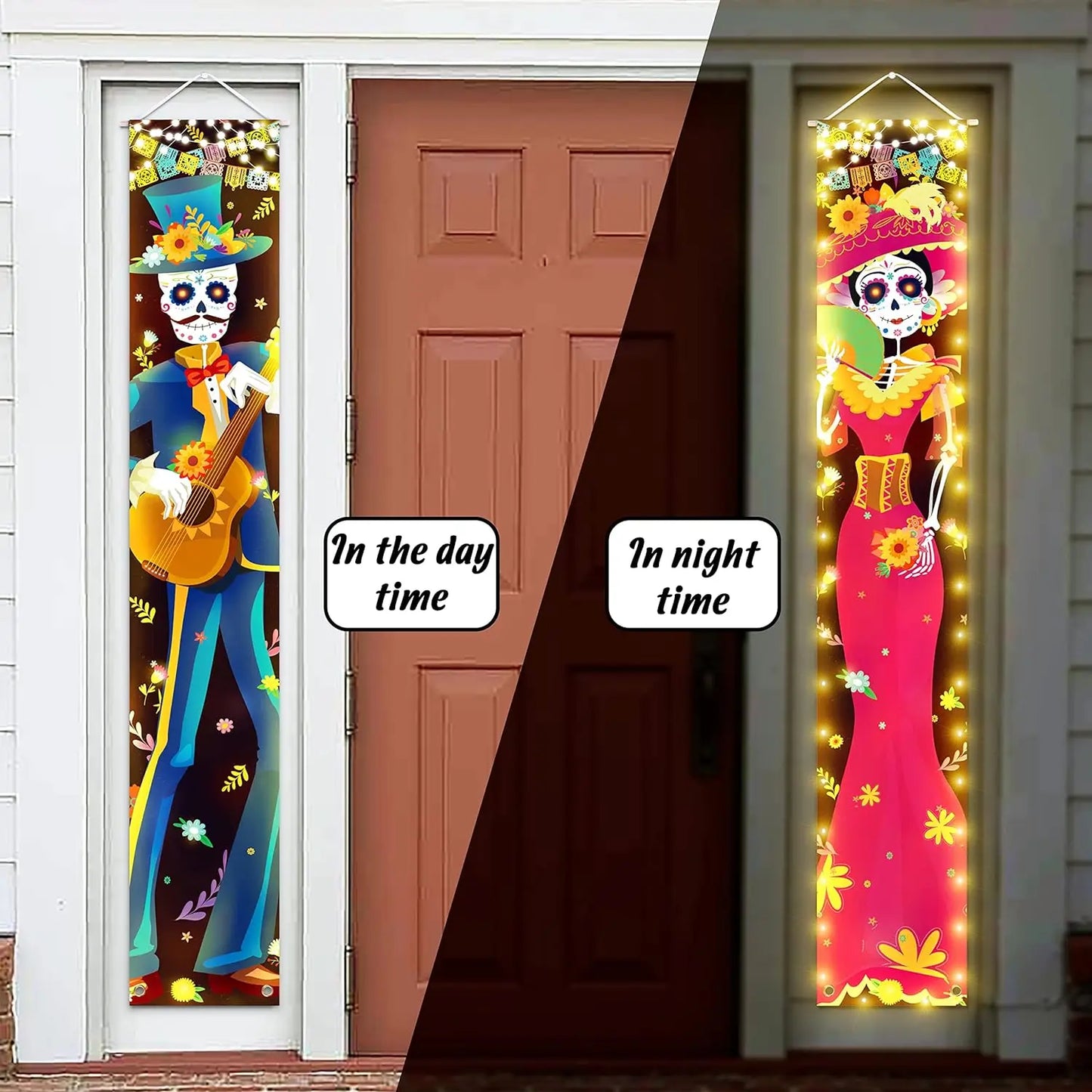 Halloween Lighted Porch Signs Banners Decorations Indoor Dia De Los Muertos Day of The Dead Outdoor Wall Door Couplet Decor 2PCS