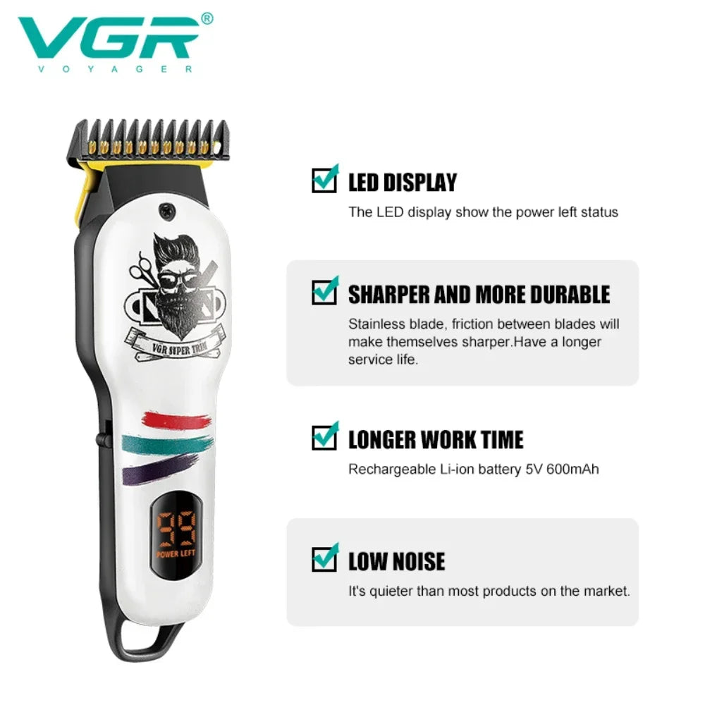 VGR Hair Clipper Electric Hair Cutting Machine Professional Barber Cordless Hair Trimmer Digital Display Clipper for Men V-699