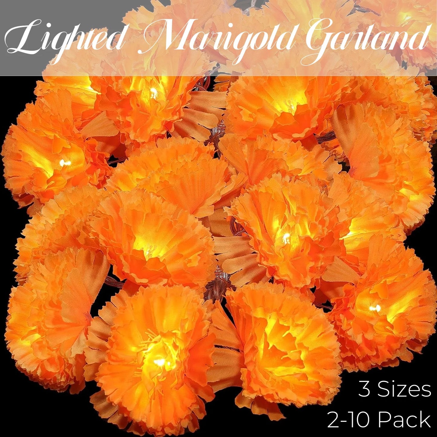 2-10Pack Marigold Garland Lighted Artificial Marigold Flowers String Light Diwali Indian Wedding Decor Halloween Day of the Dead