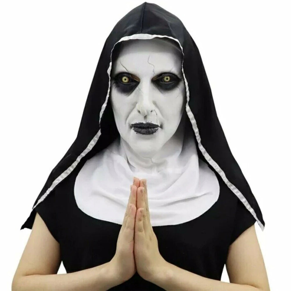 Scary Nun Mask Costume Horror Full Head Mask with Scarf Adult Creepy Costumes Party Props Plastic Ghost Latex Nun Dress Up Mask