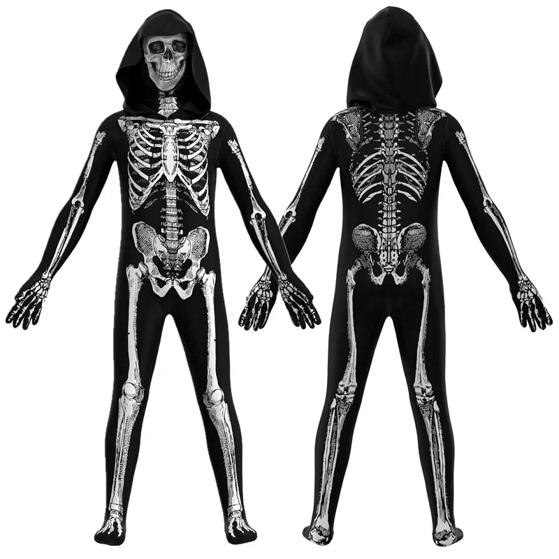 Halloween Skeleton Costume Jumpsuit with Front and Back Skeleton Bone Print for Kid