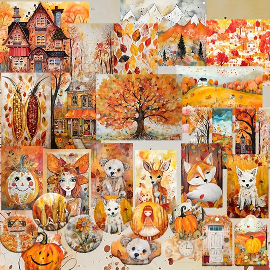 JAIIMAN70pcs Card and Sticker set Autumn for Fall Season, with Pumpkin, Feild Patterns for Holiday Party Flag DIY,Greeting Card