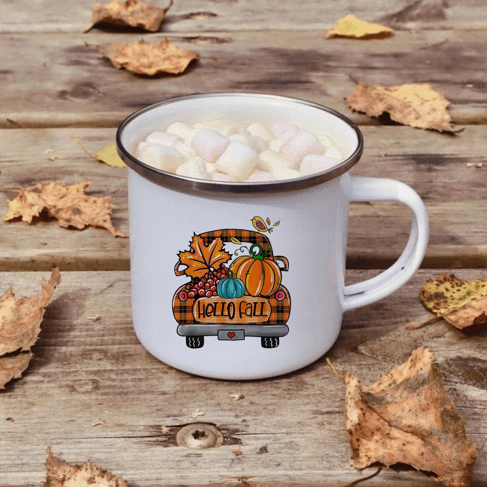 Hello Autumn mugs Thanksgiving Mug Flower Pumpkin Cup Print enamel Mug Fall Coffee cups party farmhouse decoration fall gifts