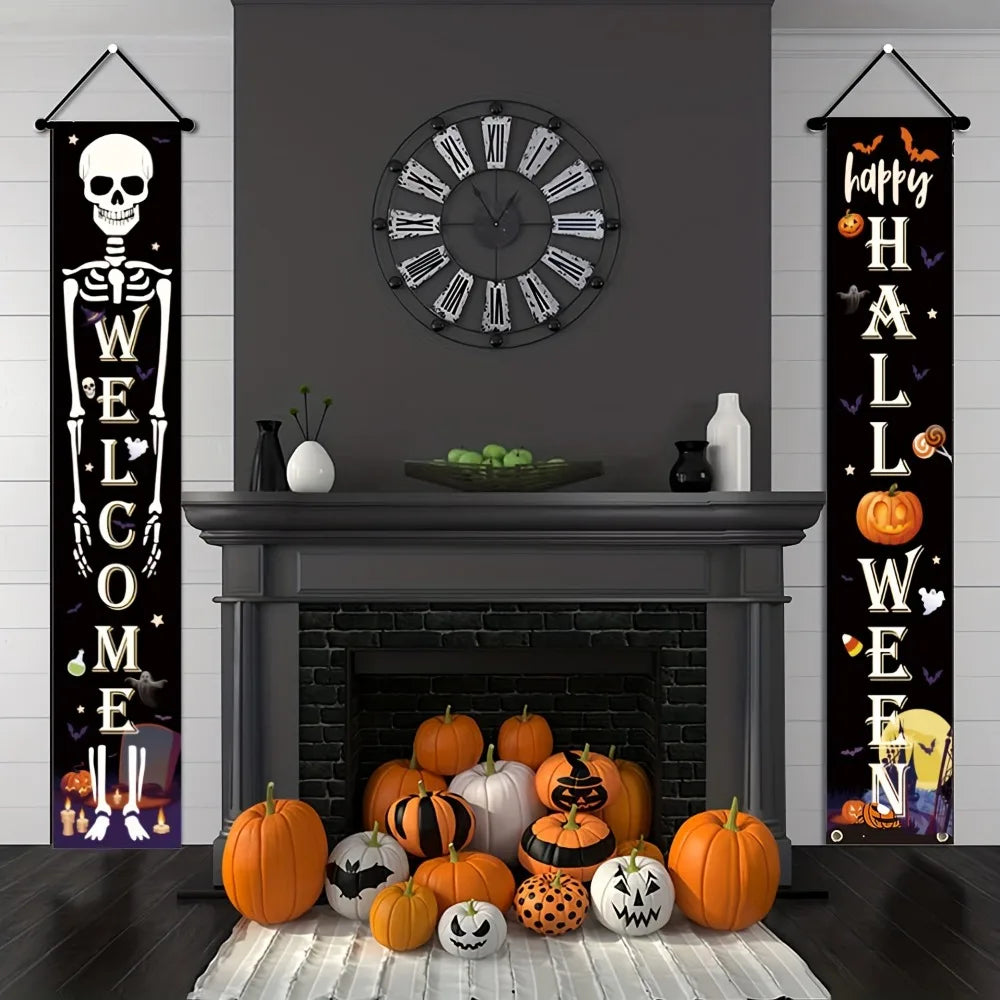 2pcs Halloween Decorations Porch Banners Welcome Sign for Home Front Door Yard Farmhouse Garden Outdoor Holiday Party Decor