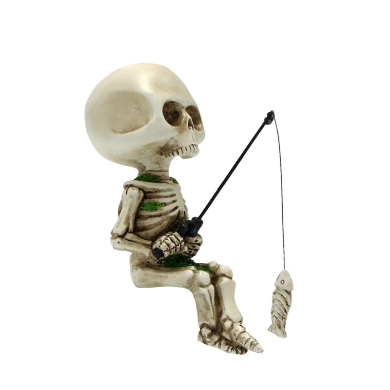 Halloween Skeleton Fishing Figurine Resin Statue Indoor Outdoor Garden Yard Party Decor Sculpture Ornament Crafts Fishing Skull