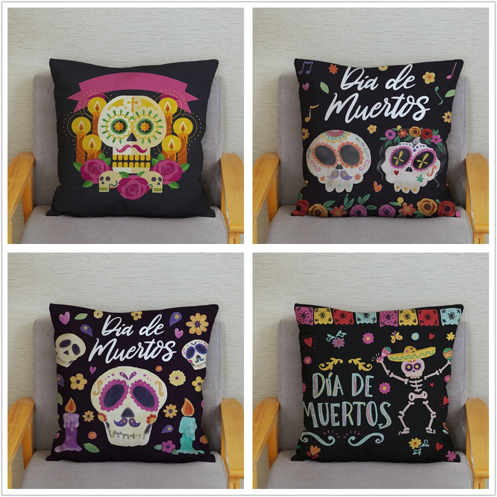 Mexican Day of The Dead Pillowcase Bedroom Living Room Sofa Home Decoration  Cartoon Flower Skull Print Cushion Cover