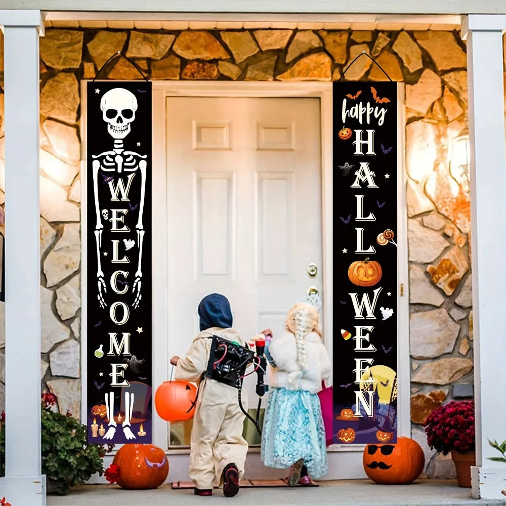 2pcs Halloween Decorations Porch Banners Welcome Sign for Home Front Door Yard Farmhouse Garden Outdoor Holiday Party Decor