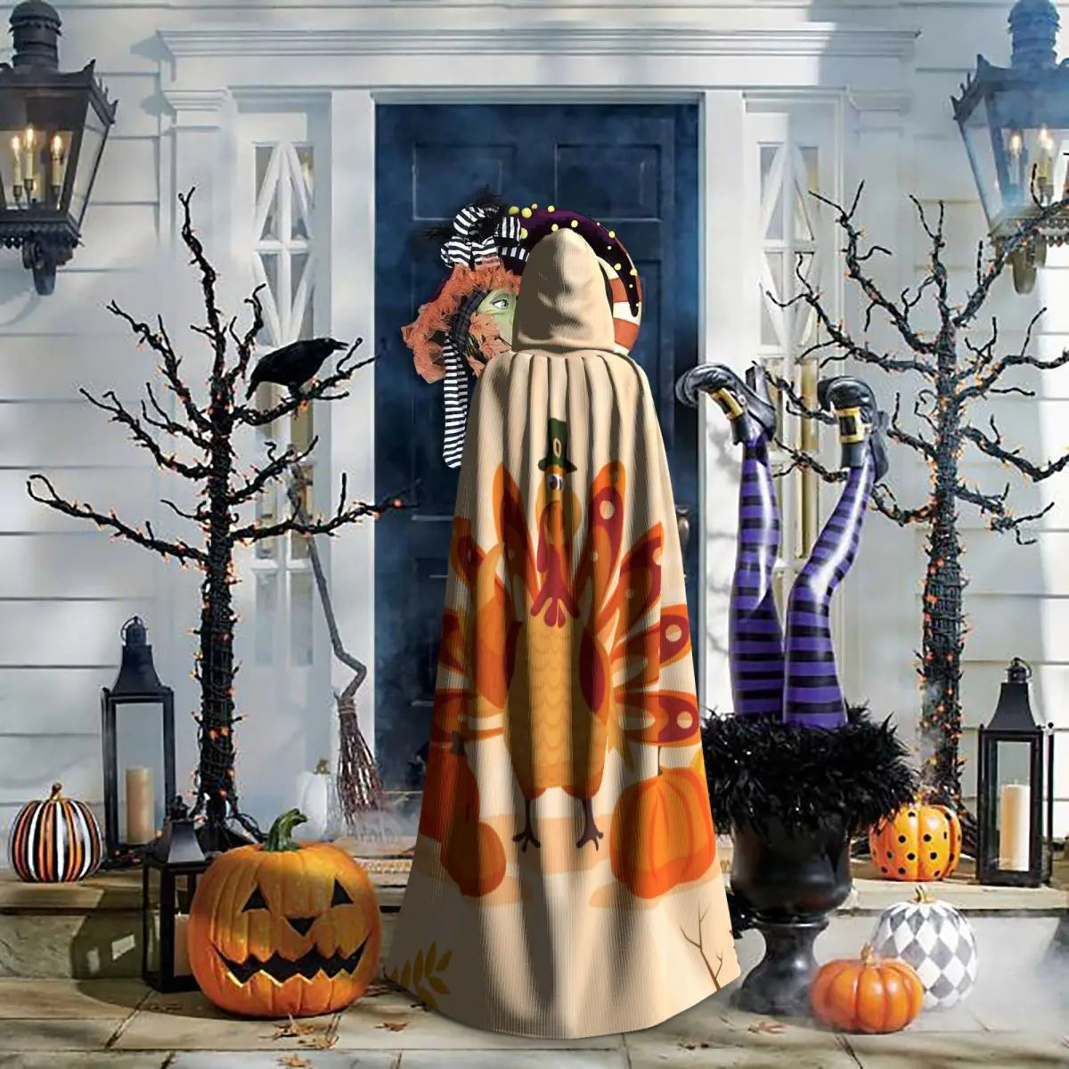 Happy Turkey Thanksgiving Day Hooded Cloak Polyester Unisex Witch Cape Costume Accessory