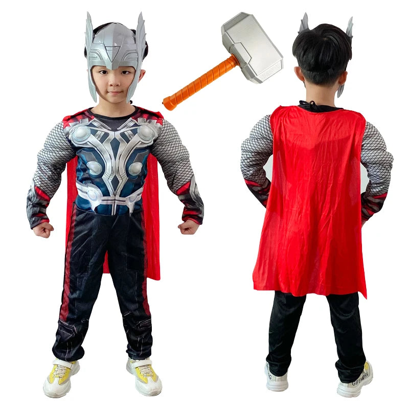 Kids Thor Muscle Costume Superhero Thor Cosplay Muscle Costume Jumpsuit Mask Hammer Halloween Carnival Clothes for Children