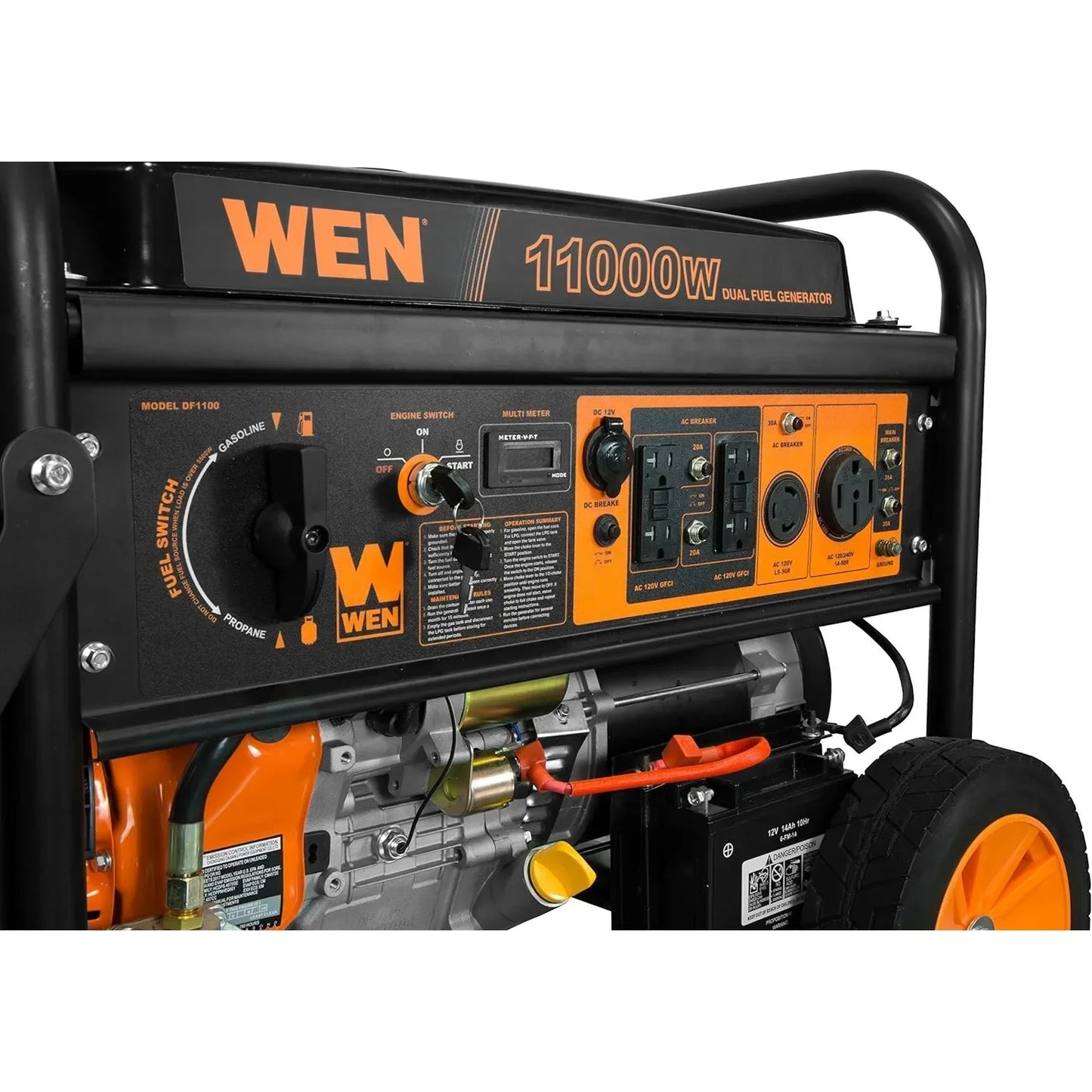 WEN DF1100T 11,000-Watt 120V/240V Dual Fuel Portable Generator with Wheel Kit and Electric Start, Black