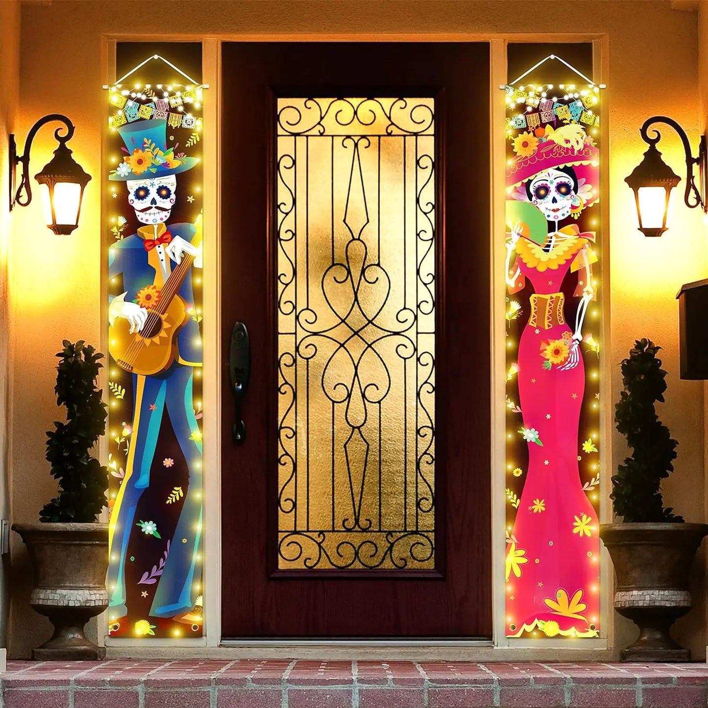 Halloween Lighted Porch Signs Banners Decorations Indoor Dia De Los Muertos Day of The Dead Outdoor Wall Door Couplet Decor 2PCS