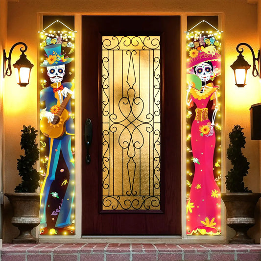 Halloween Lighted Porch Signs Banners Decorations Indoor Dia De Los Muertos Day of The Dead Outdoor Wall Door Couplet Decor 2PCS