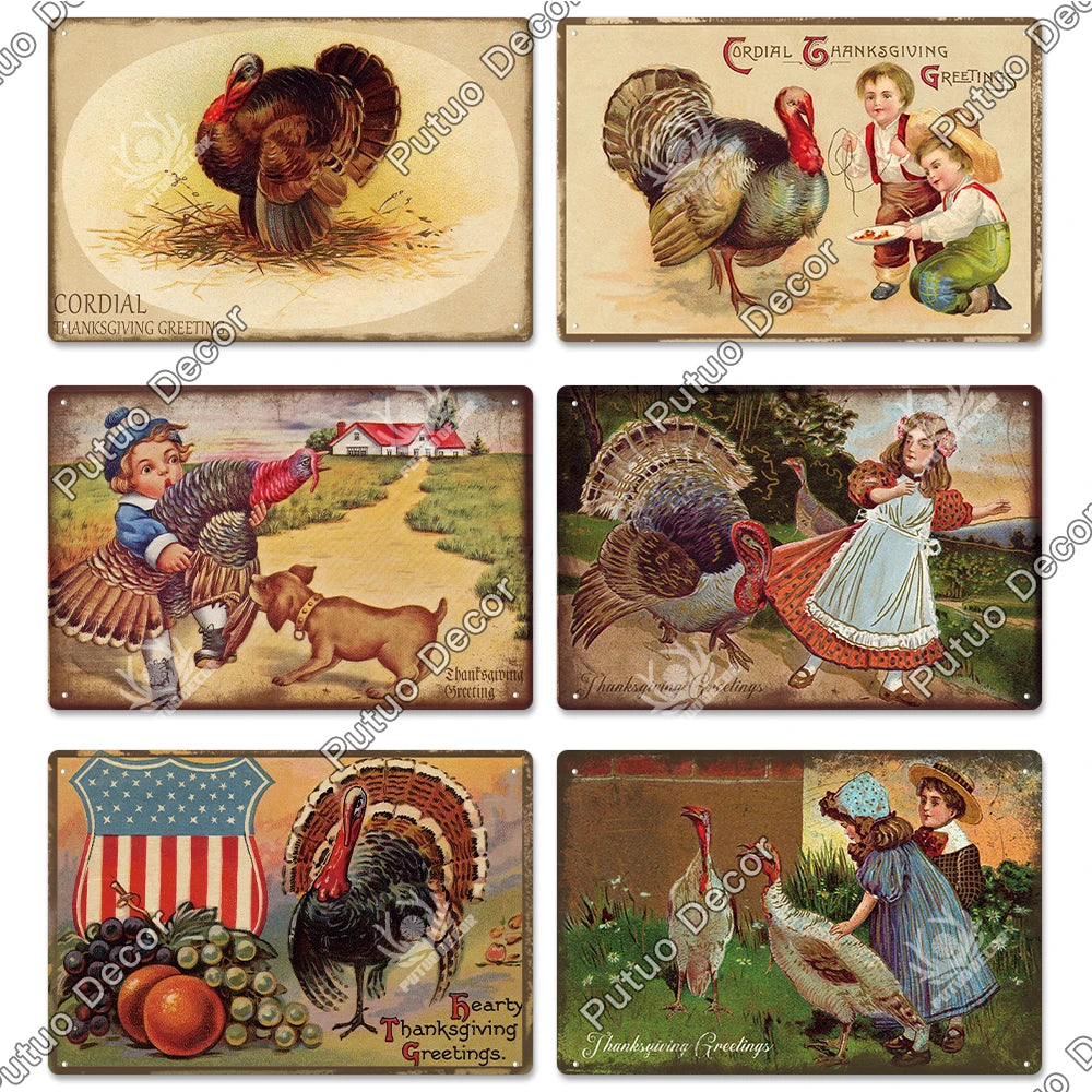 Putuo Decor Thanksgiving Vintage Tin Sign Plqaue Metal Plate Funny Turkey for Family Love Gift Home Kitchen Sweet Wall Painting