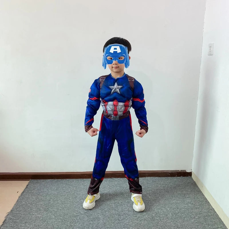 Child Captain America Costume Kids Superhero Captain America Cosplay Muscle Costumes Jumpsuit Shield Suit Halloween Clothes