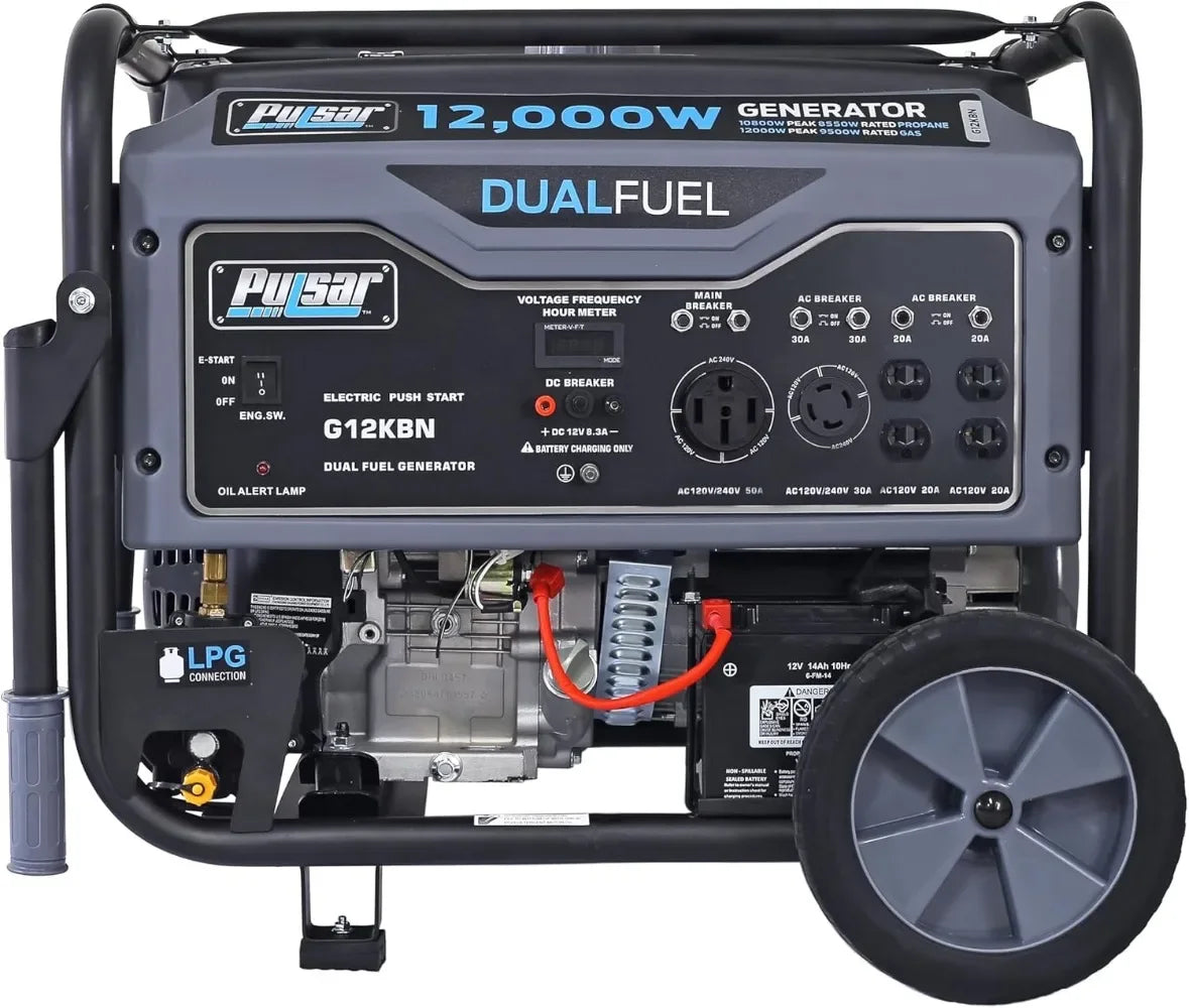 Heavy Duty Portable Dual Fuel Generator ,9500 Rated Watts & 12000 Peak Watts Gas & LPG - Electric Start Transfer Switch