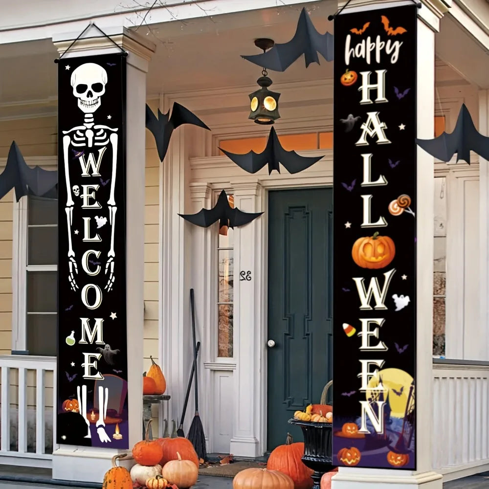 2pcs Halloween Decorations Porch Banners Welcome Sign for Home Front Door Yard Farmhouse Garden Outdoor Holiday Party Decor