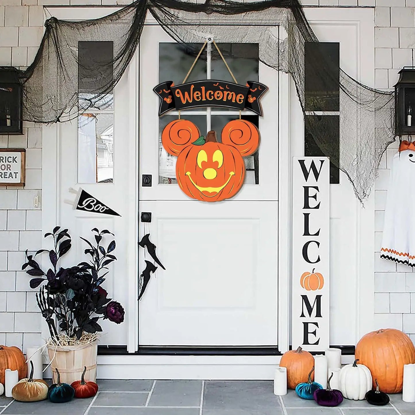 Halloween Mouse Pumpkin Decorations, Halloween Mouse Welcome Hanging Sign for Front Door, Happy Halloween Wooden Pumpkin Signs,