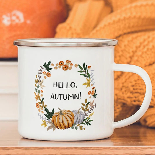 Hello Autumn mugs Thanksgiving Mug Flower Pumpkin Cup Print enamel Mug Fall Coffee cups party farmhouse decoration fall gifts