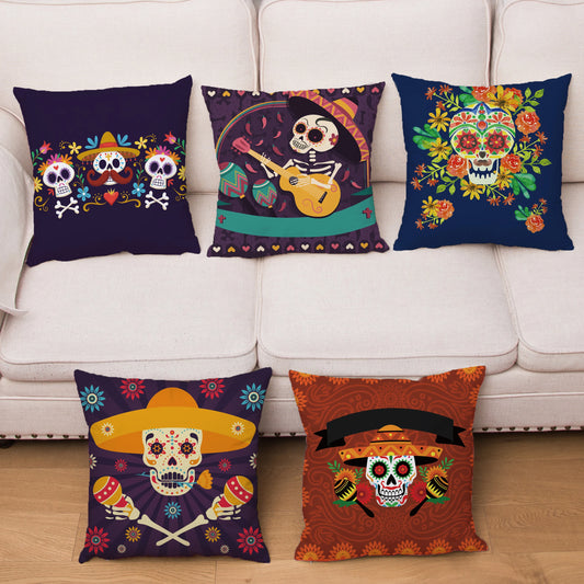 Mexican Day of The Dead Pillowcase Bedroom Living Room Sofa Home Decoration  Cartoon Flower Skull Print Cushion Cover