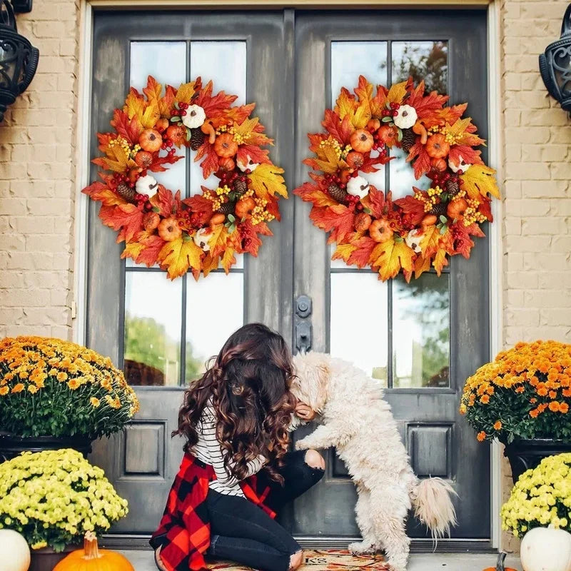 Autumn Wreath Farmhouse Garland Fall Pumpkin Wreath Harvest Front Door Wall Hanging Christmas Halloween Wreath Home Decoration