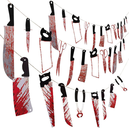 Halloween Pull Flag Hotel KTV Haunted House Horror Bar Horror Props Decoration PVC Blood Knife Pull Flower Tricky Pendant Banner