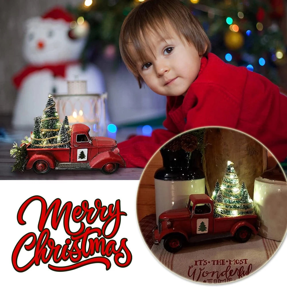 Christmas Red Truck Automobile Car with Lights Boy Gift Resin Ornament Craft Waterproof Garden Yard Tree Decoration Home Decor