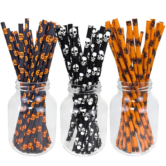 25/50pcs Halloween Paper Straws Black Orange Pumpkin Spider Skull Pattern Halloween Party Decorations Disposable Drinking Straws