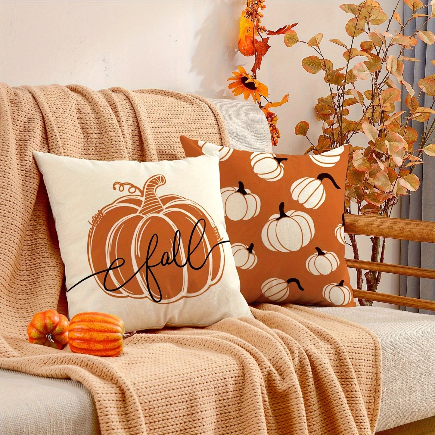 4pcs Vintage Fall Pillow Covers 18x18 Inch - Autumn Orange White Pumpkin Design for Thanksgiving  No Pillow Core Included