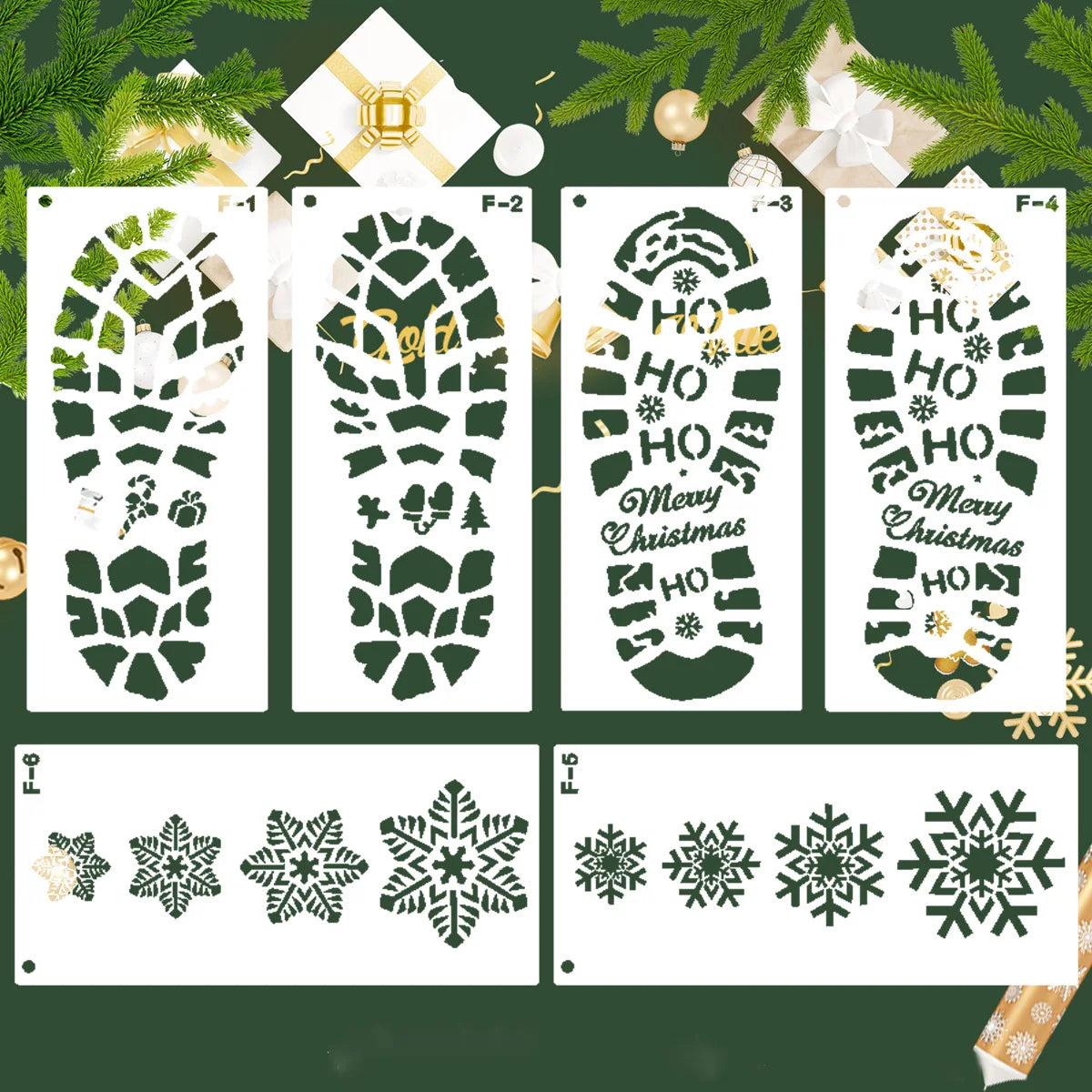 6pcs Christmas Footprint Snowflake Stencil Santa Claus Footprint Painting Template Scrapbook Coloring Embossing Album Xmas Decor