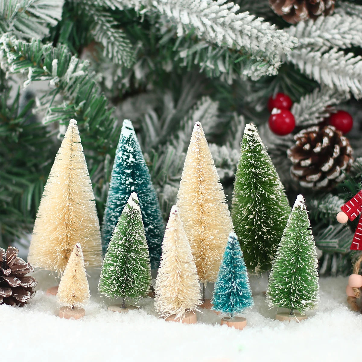 8pcs Artificial Mini Wooden Christmas Tree Blue Green White Gold Tower Pine Small Sisal Christmas Tree Tabletop Ornament Decor